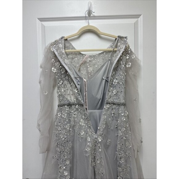 New Mac Duggal Size 4 Gray EMBELLISHED LONG SLEEVE A-LINE MIDI Cocktail Dress - Picture 8 of 11